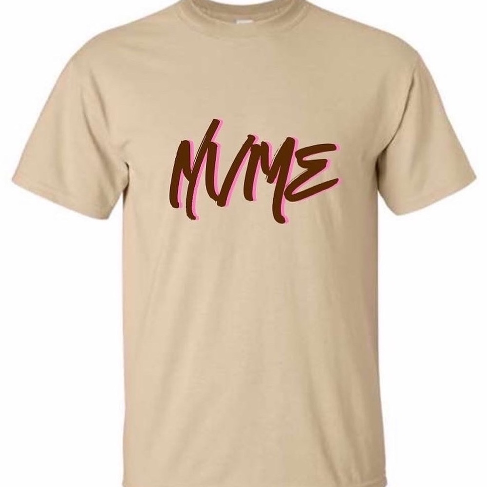 Unisex khaki shirt with brown and pink logo